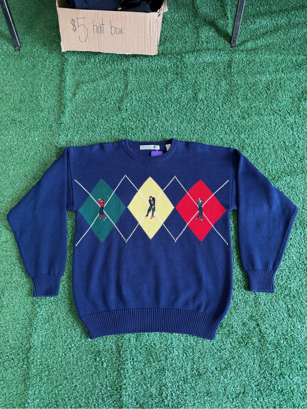 John Ashford Navy Crewneck Sweater with Green, Yellow & Red Argyle